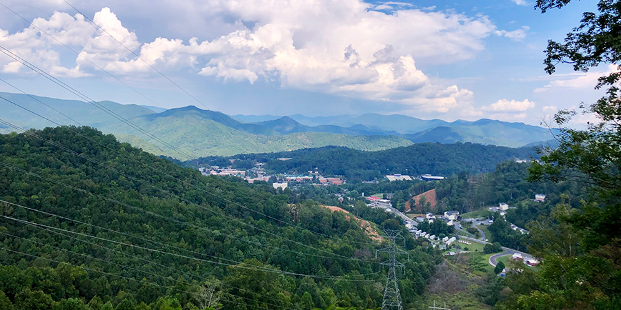 The town of Cullowhee, in a densely wooded area.
